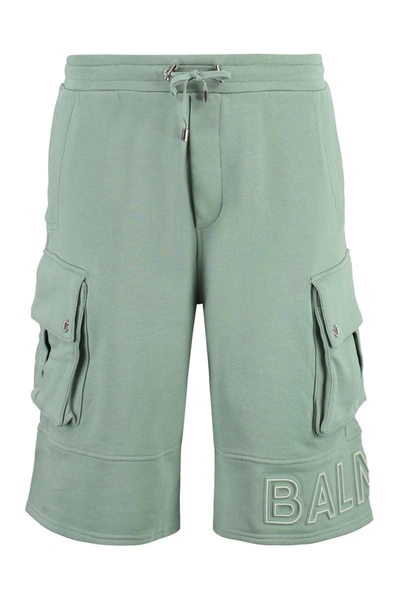 Shop Balmain Cotton Bermuda Shorts In Green