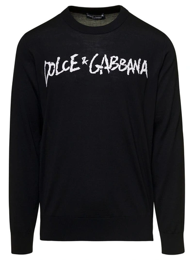 Shop Dolce & Gabbana Black Pullover With Contrasting Logo Print In Wool Man