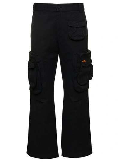 Shop Heron Preston Black Cargo Pants With Logo Patch In Cotton And Linen Man