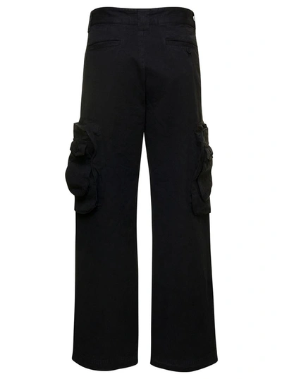 Shop Heron Preston Black Cargo Pants With Logo Patch In Cotton And Linen Man