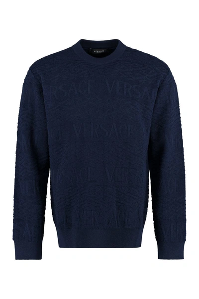 Shop Versace Crew-neck Wool Sweater In Blue