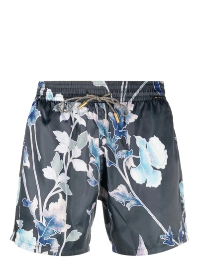 Shop Etro Navy Swim Shorts With Contrast Print In Blue