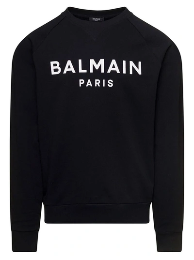 Shop Balmain Black Crewneck Sweatshirt With Contrasting Logo Lettering Print In Cotton Man