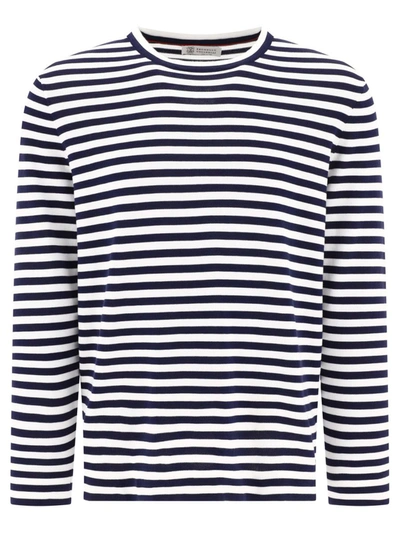 Shop Brunello Cucinelli Striped Lightweight Cotton Sweater In Blue