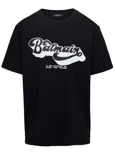 Shop Balmain Black Crewneck T-shirt With 70s Logo Print In Organic Cotton Man