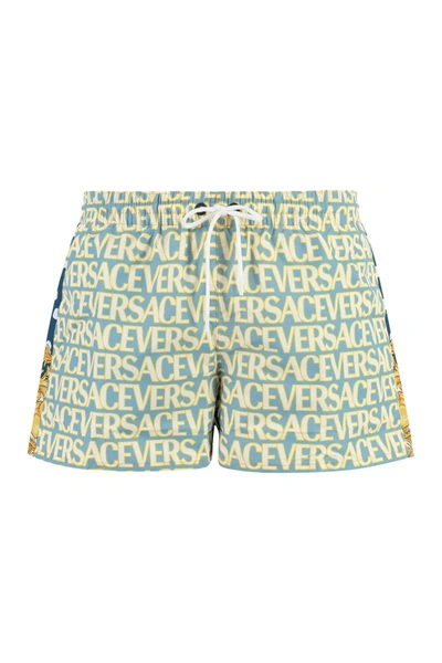 Shop Versace Printed Swim Shorts In Light Blue