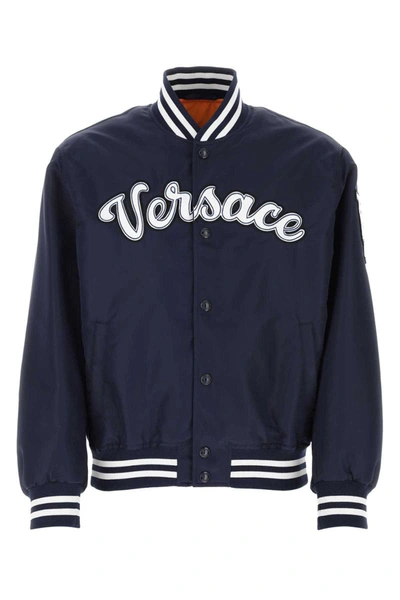 Versace Logo Embroidered Buttoned Jacket In Blue