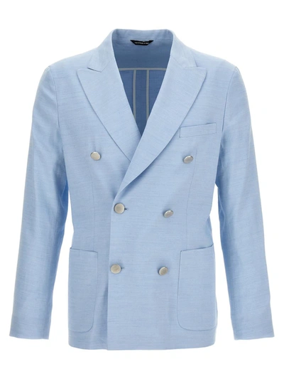 Shop Tonello Double Breast Linen Blazer Jacket In Light Blue