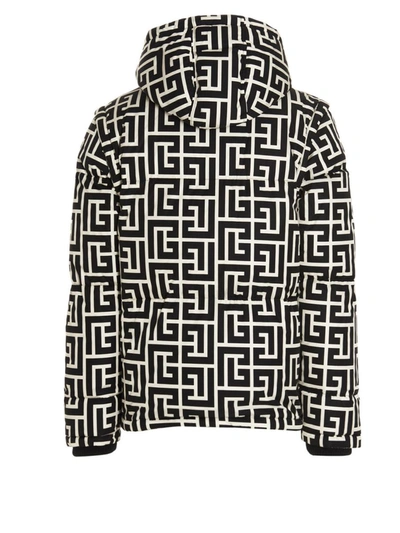 Shop Balmain 'maxi Monogram' Hooded Down Jacket In White/black