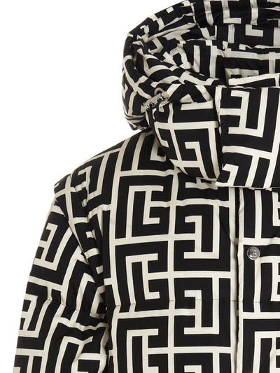 Shop Balmain 'maxi Monogram' Hooded Down Jacket In White/black