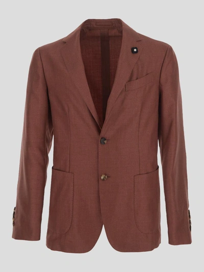 Shop Lardini Advance Blazer In <p> Blazer In Red Silk/cashmere Blend With Flower Pin