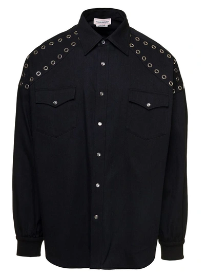 Shop Alexander Mcqueen Black Eye-let Studded Detail Denim Shirt In Cotton Man