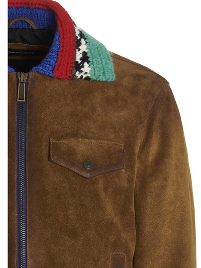 Shop Dsquared2 Knit Collar Suede Jacket In Brown