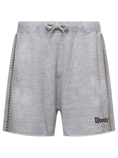 Shop Dsquared2 Grey Bermuda Shorts With Studs Detailing And Paint Stains In Cotton Blend Man