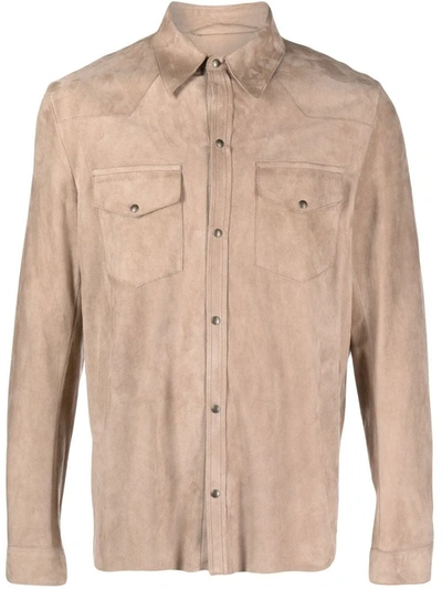 Shop Salvatore Santoro Leather Button-up Shirt In Beige