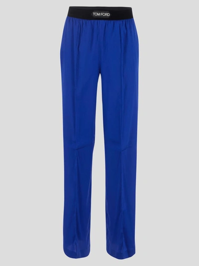 Tom Ford Logo-banded Silk Pj Pants In Cobalt Blue