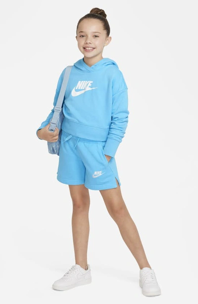 Shop Nike Kids' Club Crop Cotton Blend French Terry Hoodie In Baltic Blue/ White