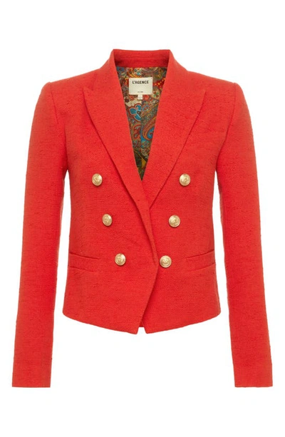 Shop L Agence Brooke Double Breasted Crop Cotton Blend Blazer In Fire Red/ Multi Paisley Scarf