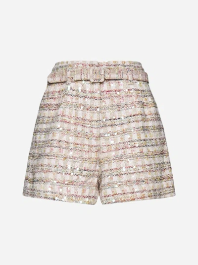 Shop Self-portrait Sequined Boucle' Shorts In Pink