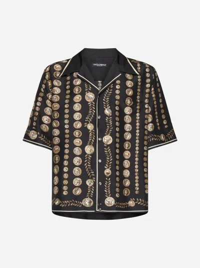 Shop Dolce & Gabbana Coin Print Silk Shirt In Dark Brown,gold