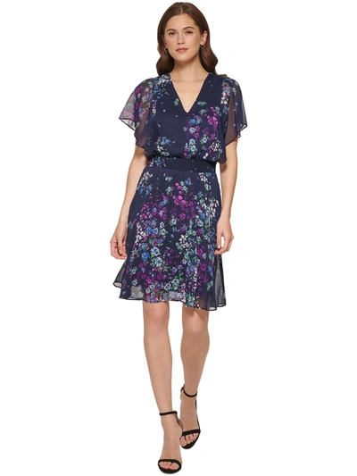 Shop Dkny Womens Floral Overlay Mini Fit & Flare Dress In Blue