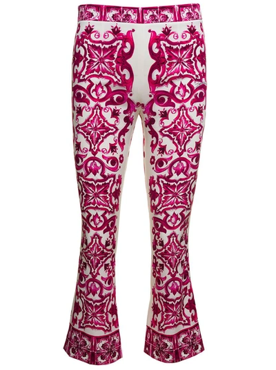 Shop Dolce & Gabbana Two-tone Pants With Flared Leg And All-over 'maioliche' Print In Silk Woman In Pink