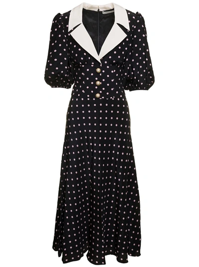 Shop Alessandra Rich Black Midi Dress With Dot Print And Puff Sleeves In Silk Woman