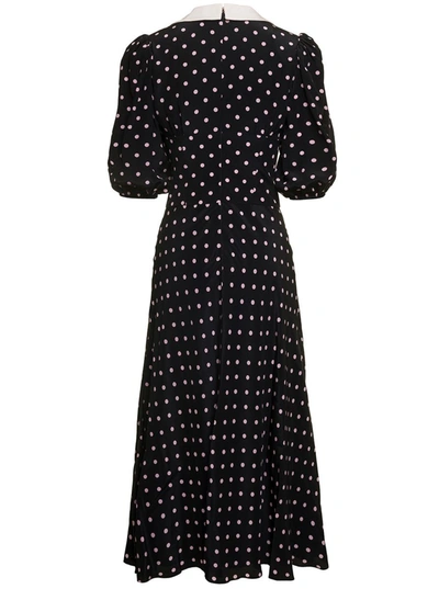 Shop Alessandra Rich Black Midi Dress With Dot Print And Puff Sleeves In Silk Woman
