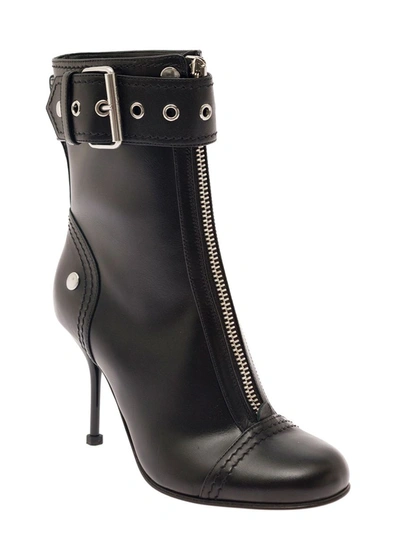 Shop Alexander Mcqueen Black Ankle Boots With Stiletto Heel And Buckle Detail In Leather Woman