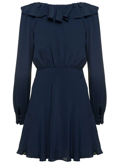 Shop Alessandra Rich Blue Mini Dress With Volant Collar And Velvet Bow In Acette Blend Woman
