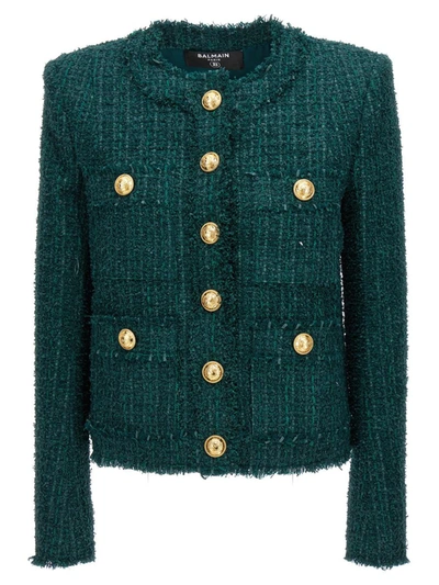 Shop Balmain Gold Button Tweed Jacket In Green