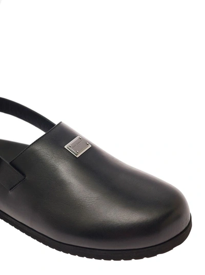 Shop Dolce & Gabbana Black Clogs With Buclkle And Logo Plaque In Smooth Leather Man