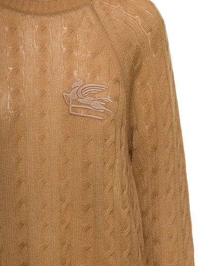 Shop Etro Beige Braided Pullover With Embroidered Logo On The Chest In Cashmere Woman