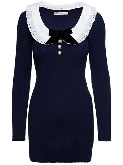 Shop Alessandra Rich Blue Knitted Mini Dress With Embroidered Collar In Cotton Blend Woman