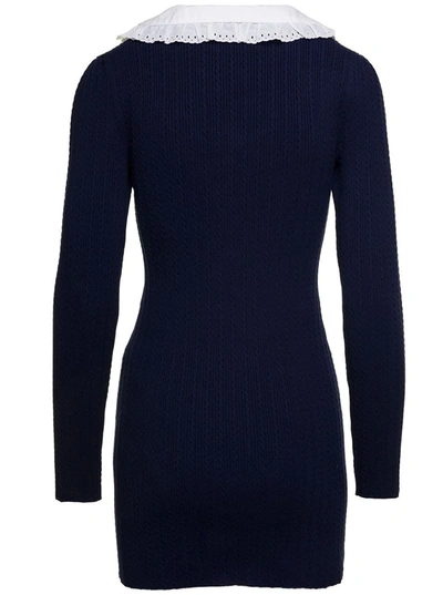 Shop Alessandra Rich Blue Knitted Mini Dress With Embroidered Collar In Cotton Blend Woman