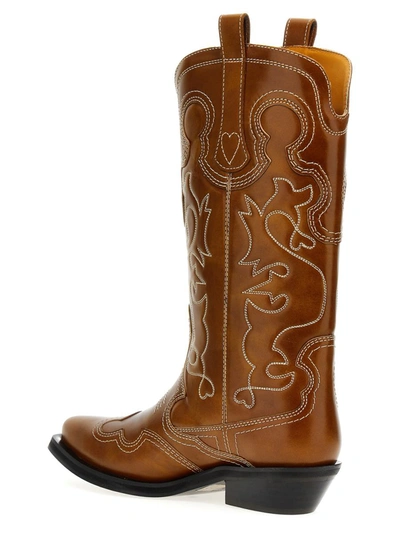 Shop Ganni 'embroidered Western' Boots In Brown