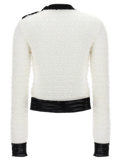 Shop Balmain Button Tweed Sweater In White/black