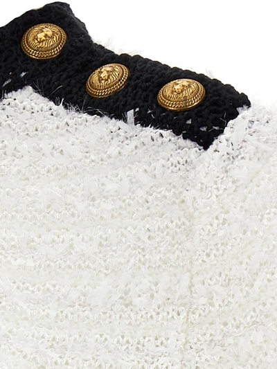 Shop Balmain Button Tweed Sweater In White/black