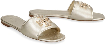 Shop Tory Burch Eleanor Leather Slides With Logo In Gold