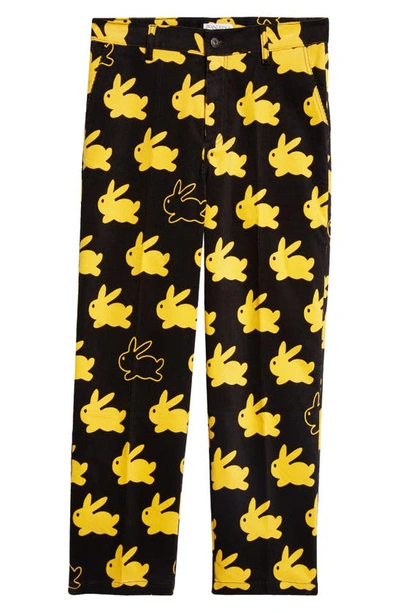 Shop Jw Anderson Bunny Print Stretch Corduroy Straight Leg Pants In Black/ Yellow