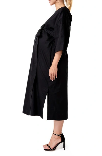 Shop Accouchée Tie Belt Maternity/nursing Wrap Midi Dress In Black