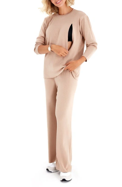 Shop Accouchée Rib Side Zip Long Sleeve Materity/nursing Top & Lounge Pants In Beige