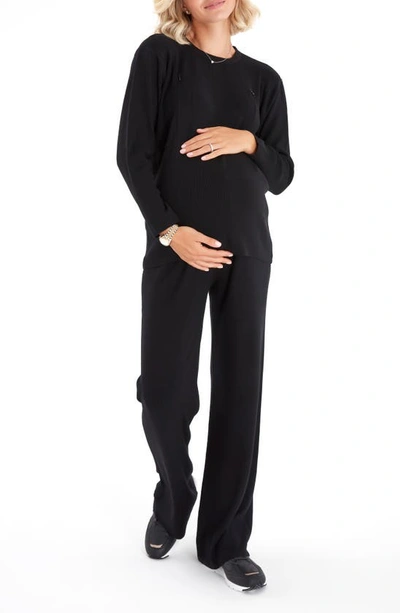 Shop Accouchée Rib Side Zip Long Sleeve Materity/nursing Top & Lounge Pants In Black