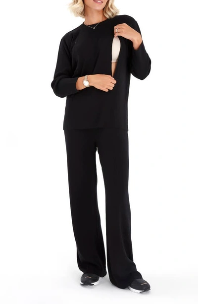 Shop Accouchée Rib Side Zip Long Sleeve Materity/nursing Top & Lounge Pants In Black