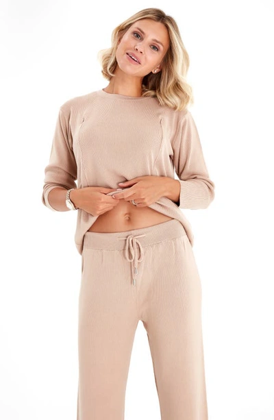 Shop Accouchée Rib Side Zip Long Sleeve Materity/nursing Top & Lounge Pants In Beige