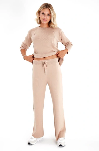 Shop Accouchée Rib Side Zip Long Sleeve Materity/nursing Top & Lounge Pants In Beige