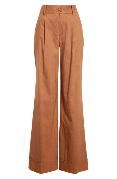 Shop Alice And Olivia Tomasca Cuff Linen Blend Wide Leg Pants In Camel