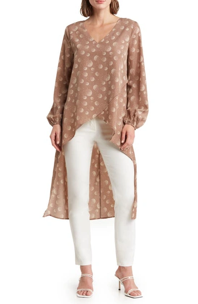 Shop Patrizia Luca Geo Print Long Sleeve High-low Blouse In Taupe