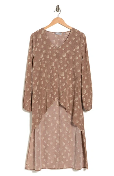Patrizia Luca Geo Print Long Sleeve High-low Blouse In Taupe