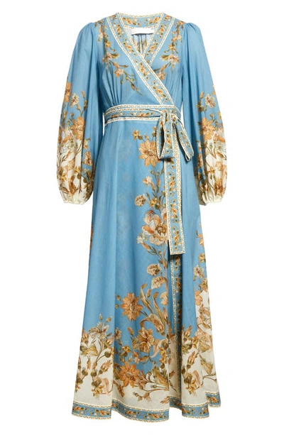 Shop Zimmermann Floral Print Long Sleeve Cotton Chintz Wrap Dress In Blue Daisy Floral